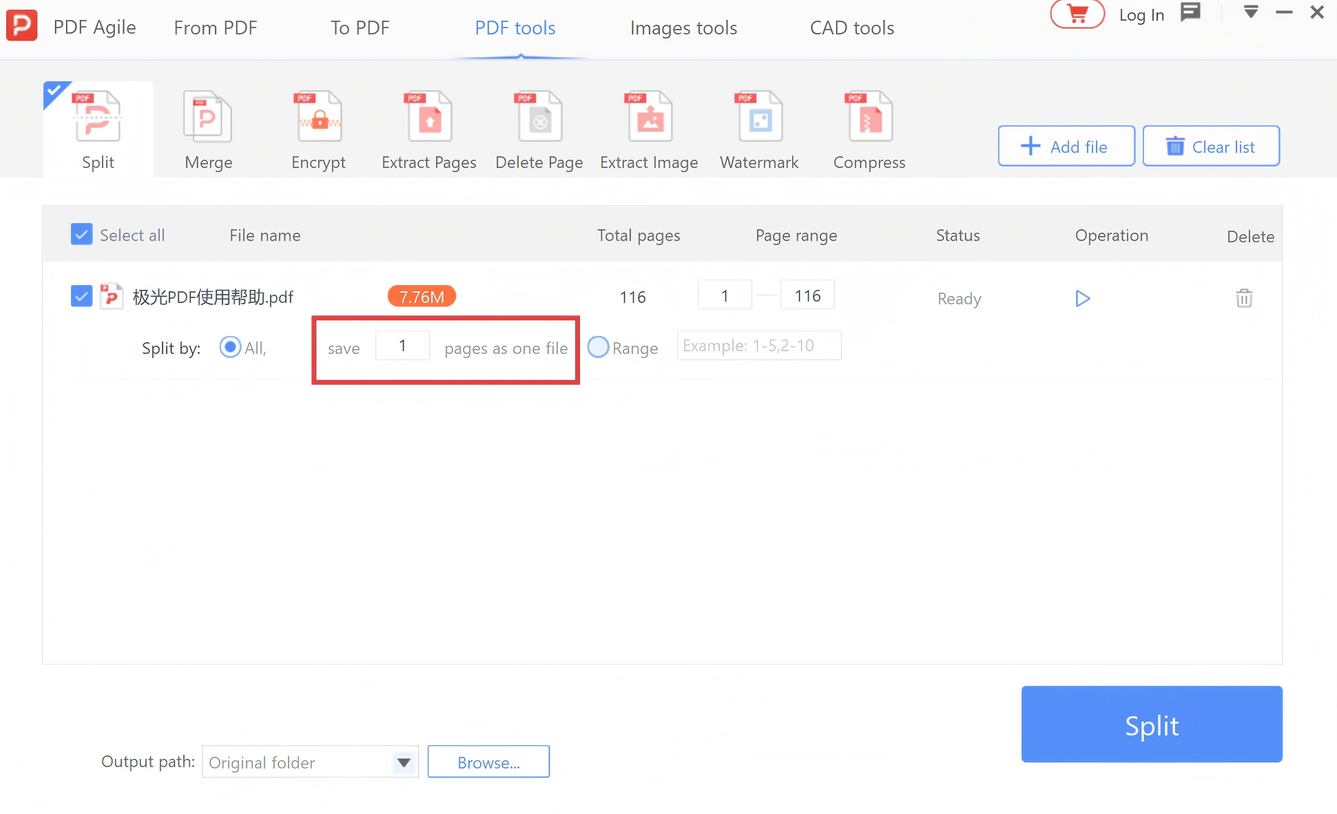 Step 3: Set split criteria and click Split